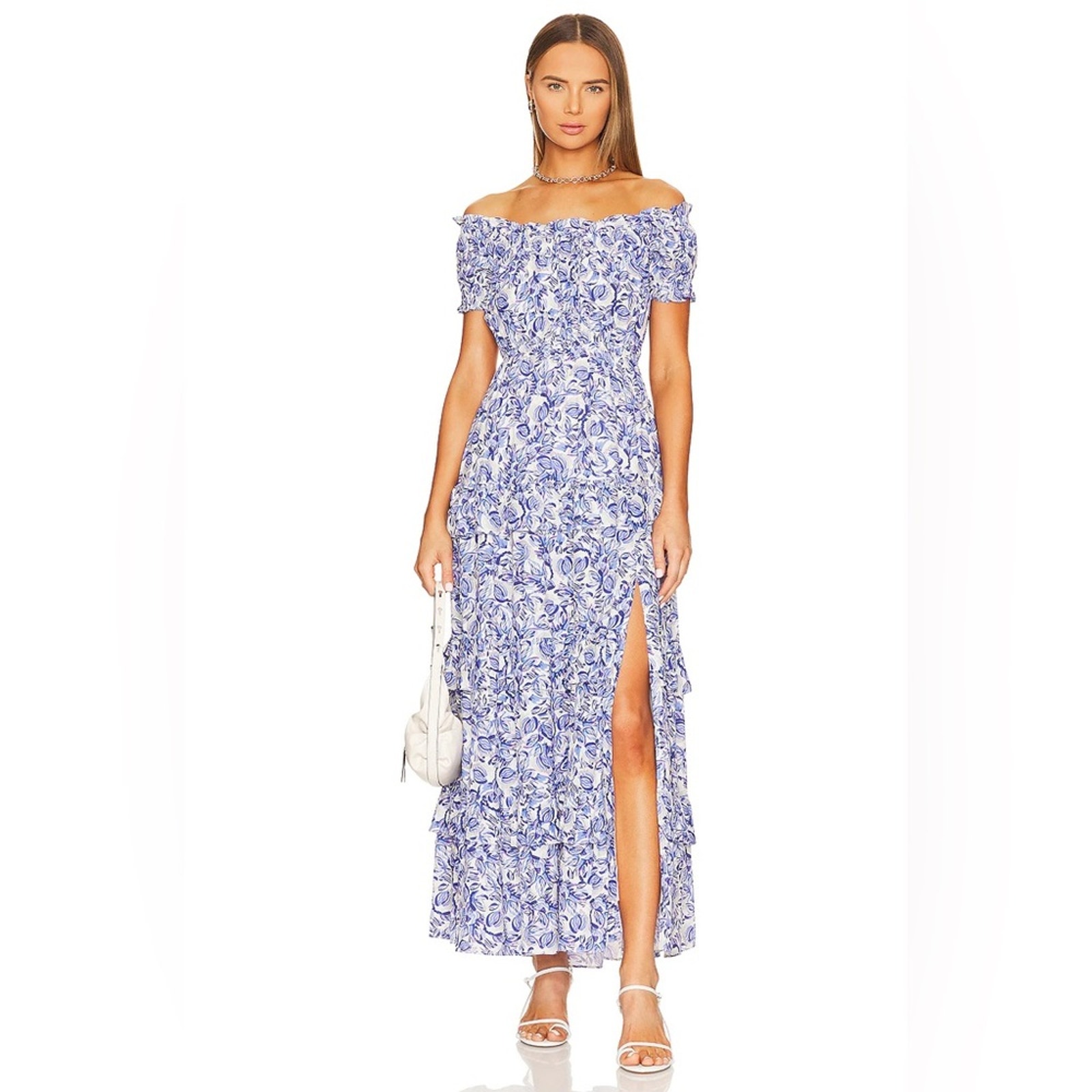 Astr The Label Viona Off Shoulder Peasant Tiered Ruffle Front Slit Maxi Dress Xl